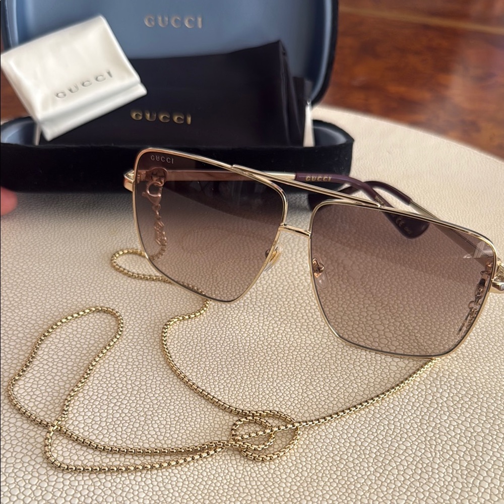 Gucci Gold Frame Sunglasses with Chain
